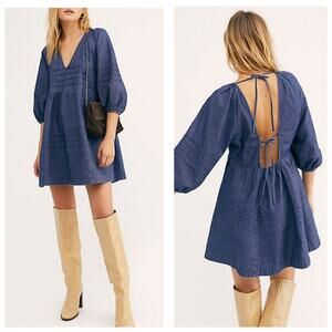 Free People Sweet Surrender V-Neck Denim Babydoll Mini Dress Open Tie Back